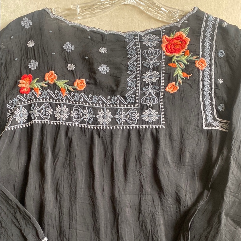 Embroidered Black Top with Floral Accents - Picture 6 of 7